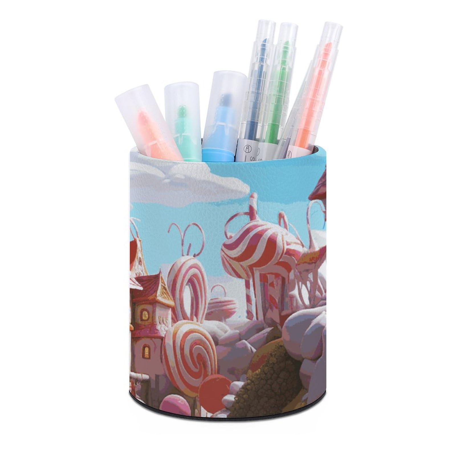 KLOPH PU Leather Pen Holder for Desk, Aesthetic Pencil Cup for Desktop, Makeup Brush Srotage for PenOrganizer Office Supplies, Candyland Pen Cup Pencil Caddy for Home Art Supply