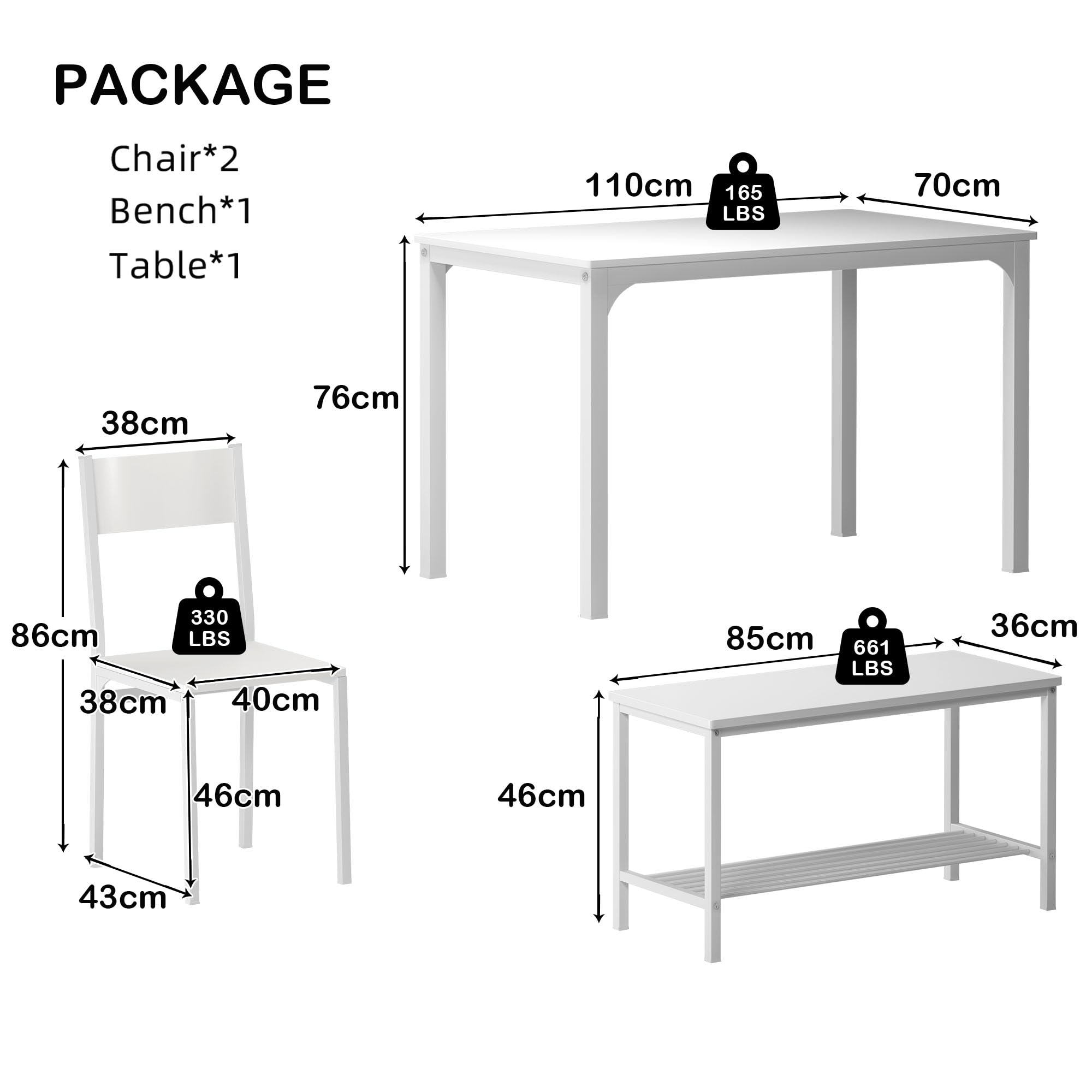 SogesPower Set Tavolo e Sedie da Pranzo, 4 Pezzi, con 1 Tavolo da Pranzo, 2 Sedie e 1 Panca, Set da Pranzo per 4 persone per Cucina, Sala da Pranzo, Bianco