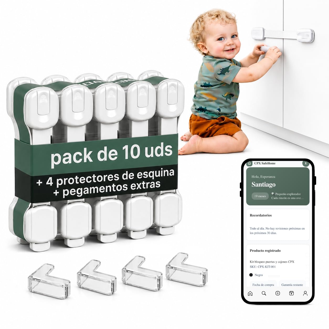 CPX Cierre Seguridad Cajones Bebé 10 Uds con Adhesivo 3M, Seguro Puertas y Armarios Niños sin Taladrar, Bloqueo Ajustable para Frigorífico y WC + 4 Protectores Esquina + 4 Adhesivos Extra