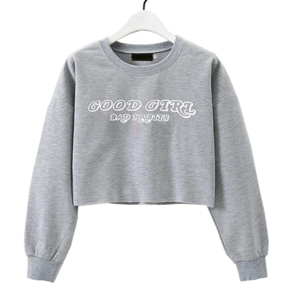 AKlamater KKSH European And American Women'S New Good Girl Bad Habits Letter Printed Short Paragraph Exposed Navel Long-Sleeved Sweater(M grey)