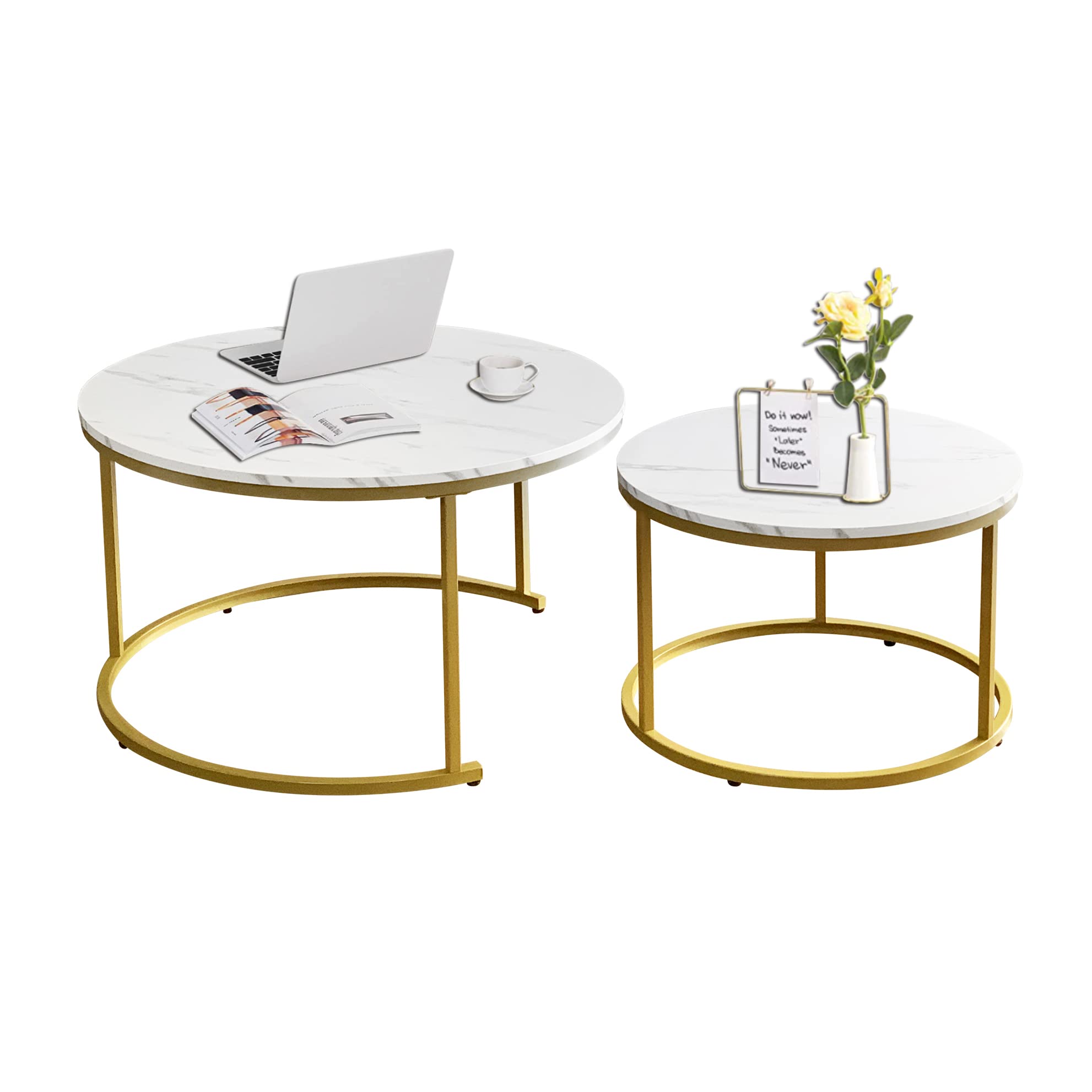AT-VALY Coffee Table Set of 2 Nesting Tables,Round Sofa Table for Living Room, (D) 31.5" x(H) 18.5", (D) 23.6" x(H) 15.3" (Gold & White)