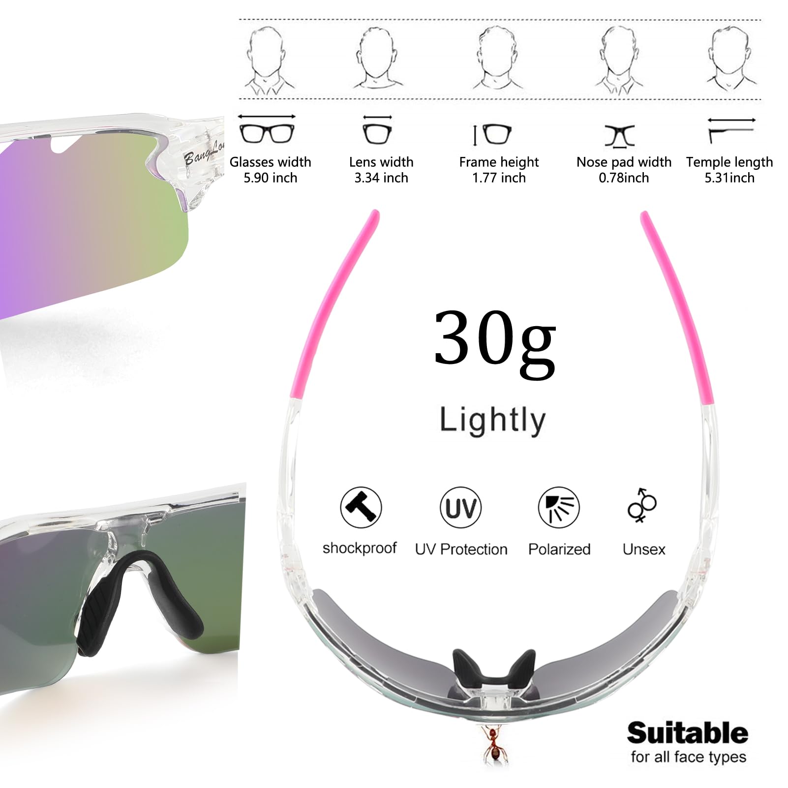 BangLong Gafas de ciclismo con 5 lentes intercambiables, protección UV400, polarizadas, TR90, ultraligeras, ideales para ciclismo, correr, béisbol, pesca