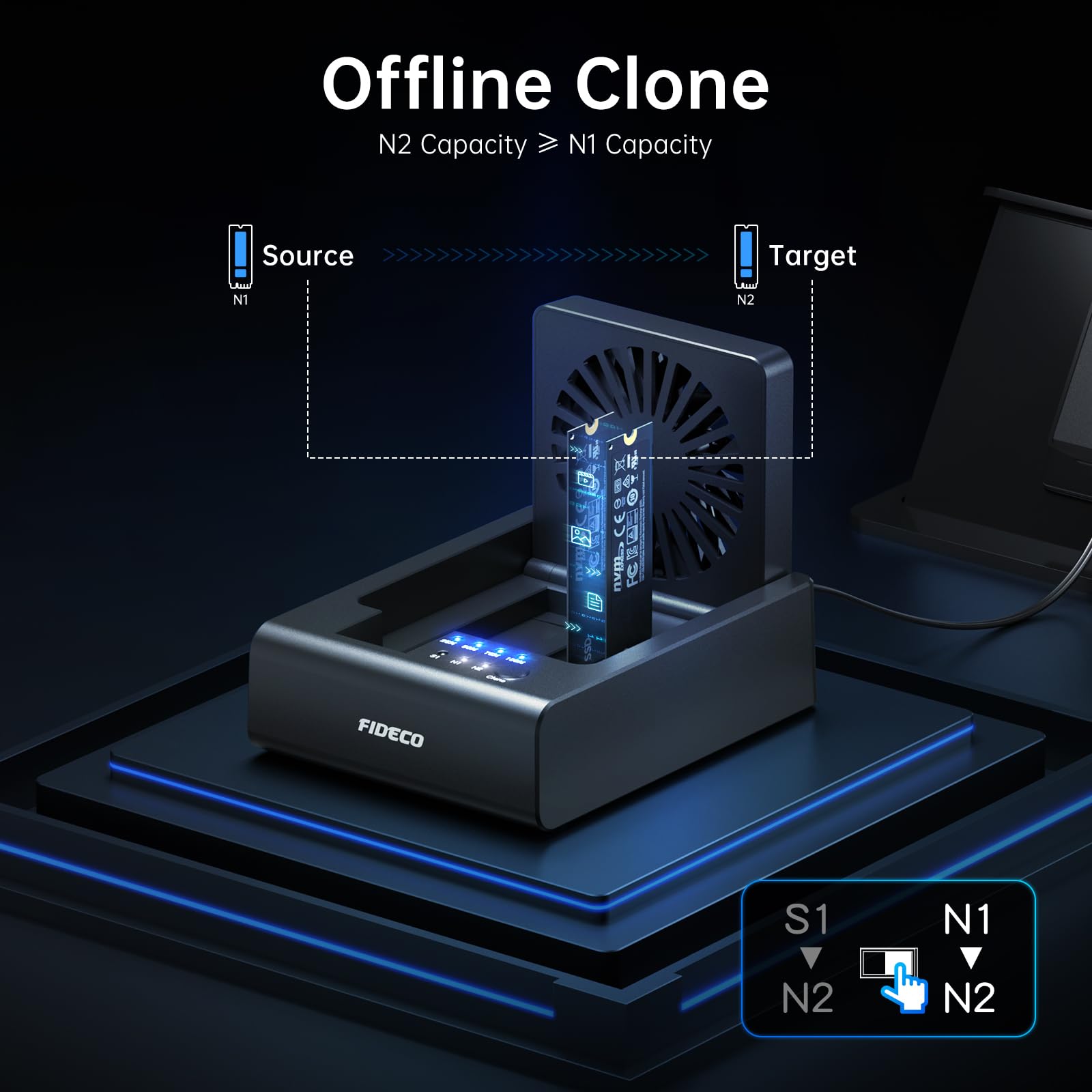 FIDECO HDD/M.2 NVMe SSD Cloner Docking Station, USB 3.2 Gen 2 (10 Gbit/s), 3-Bay Festplatten-Cloner-Dock für M.2 NVMe SSD und 2,5"/3,5" SATA HDD, mit klappbarem Lüfter