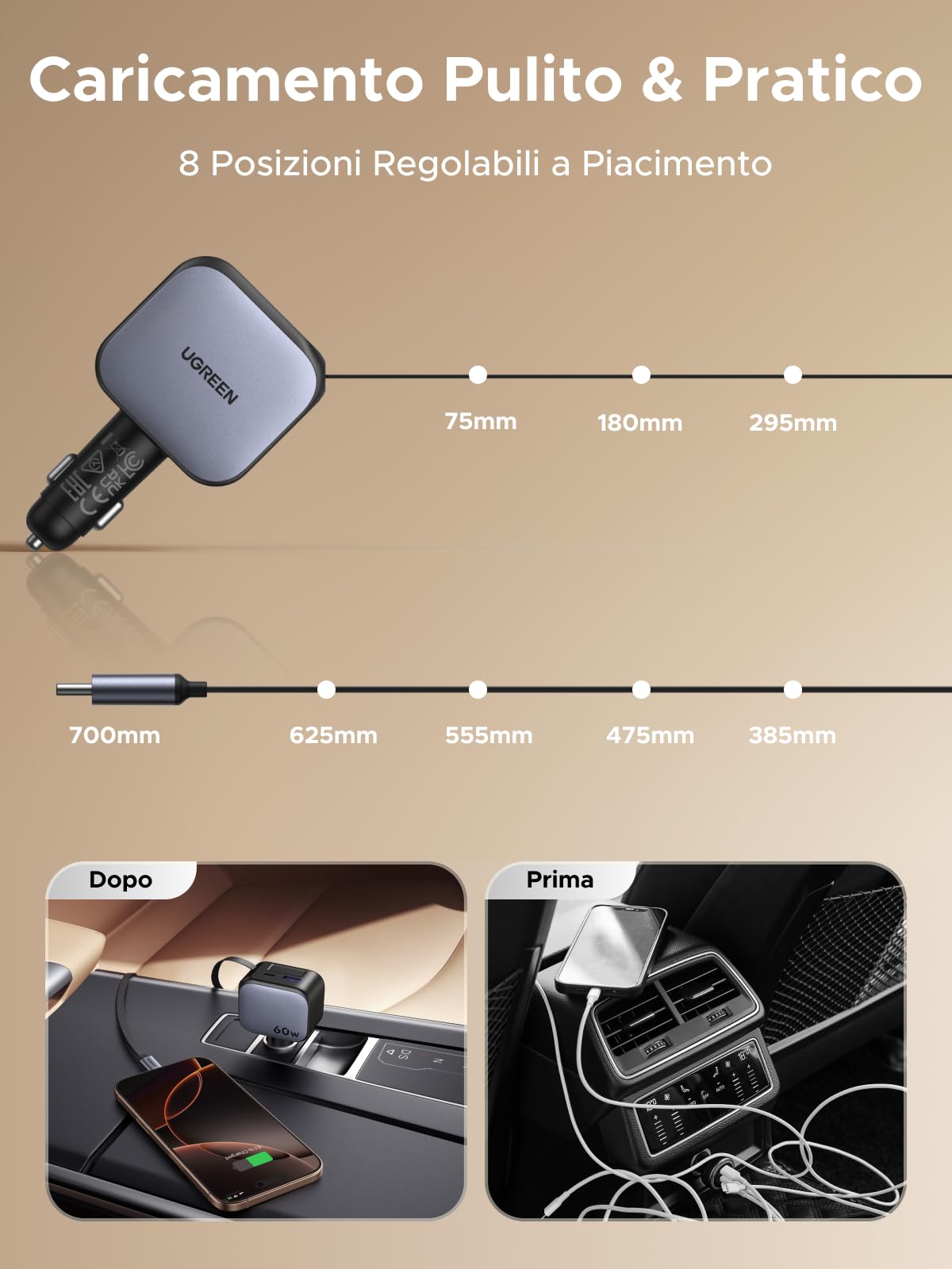 UGREEN 60W Retrattile Caricatore Auto, Caricabatteria Accendisigari USB C 3 Porta Ricarica Rapida, Compatibile con iPhone 17 Pro Max Air/iPhone 16/15/14, Galaxy S25/24, Pixel10/9, MacBook, iPad Pro