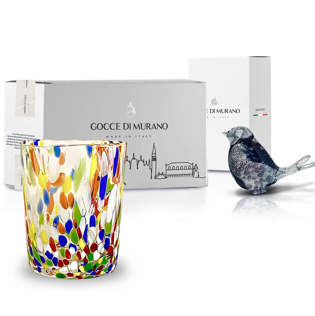 Gocce di Murano Un vaso de lluvia arco iris de cristal de Murano soplado 300 ml hecho a mano colorido paquete 2 copas de agua elegante y precioso (multicolor, 2)