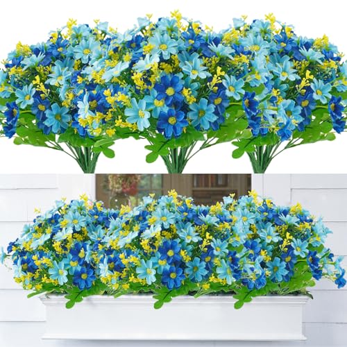 Uieke Artificial Fake Flowers, 6 Bundles Daisy Mums Flowers Outdoor UV Resistant No Fade Greenery Shrubs Plants Indoor Outside Hanging Planter Home Wedding Office DIY Garden Porch Décor (Blue)