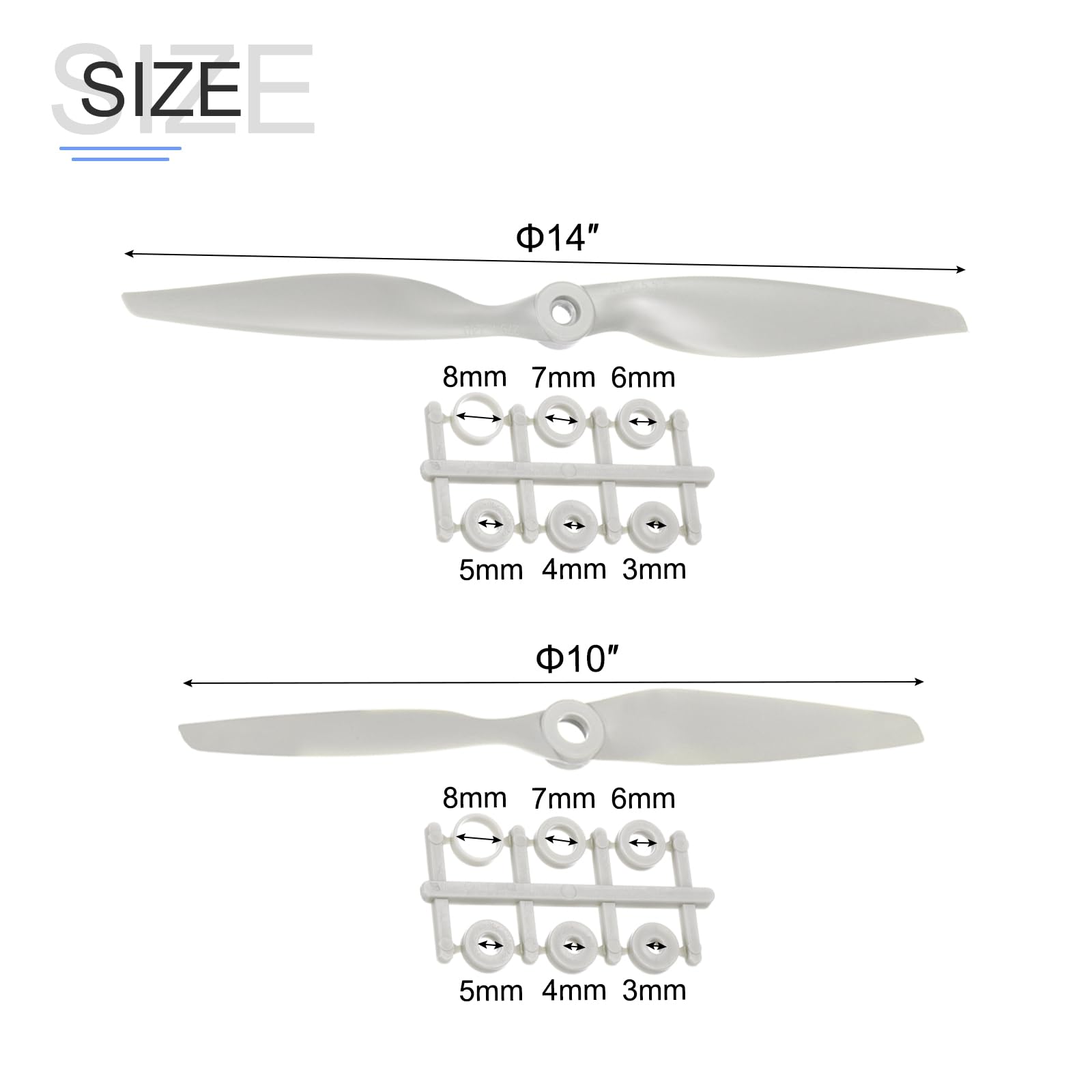 QUARKZMAN 10x5, 14x7 Hélice Rc Hélices 2 Lames Gris avec Bagues d'Adaptation pour Avion Électrique, Paquet de 2