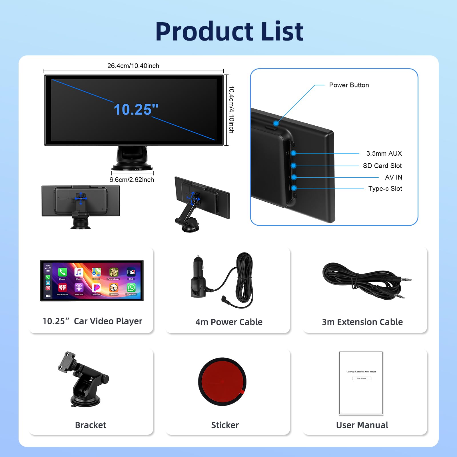 2GB+32GB Carplay Auto Android Wireless, 10,25 Pollici Car Play Schermo per auto, con Bluetooth, GPS Navigazione, Mirror Link, Controllo Vocale, AUX, Trasmettitore FM, Y0uTube/Sp0tify, 7-32V