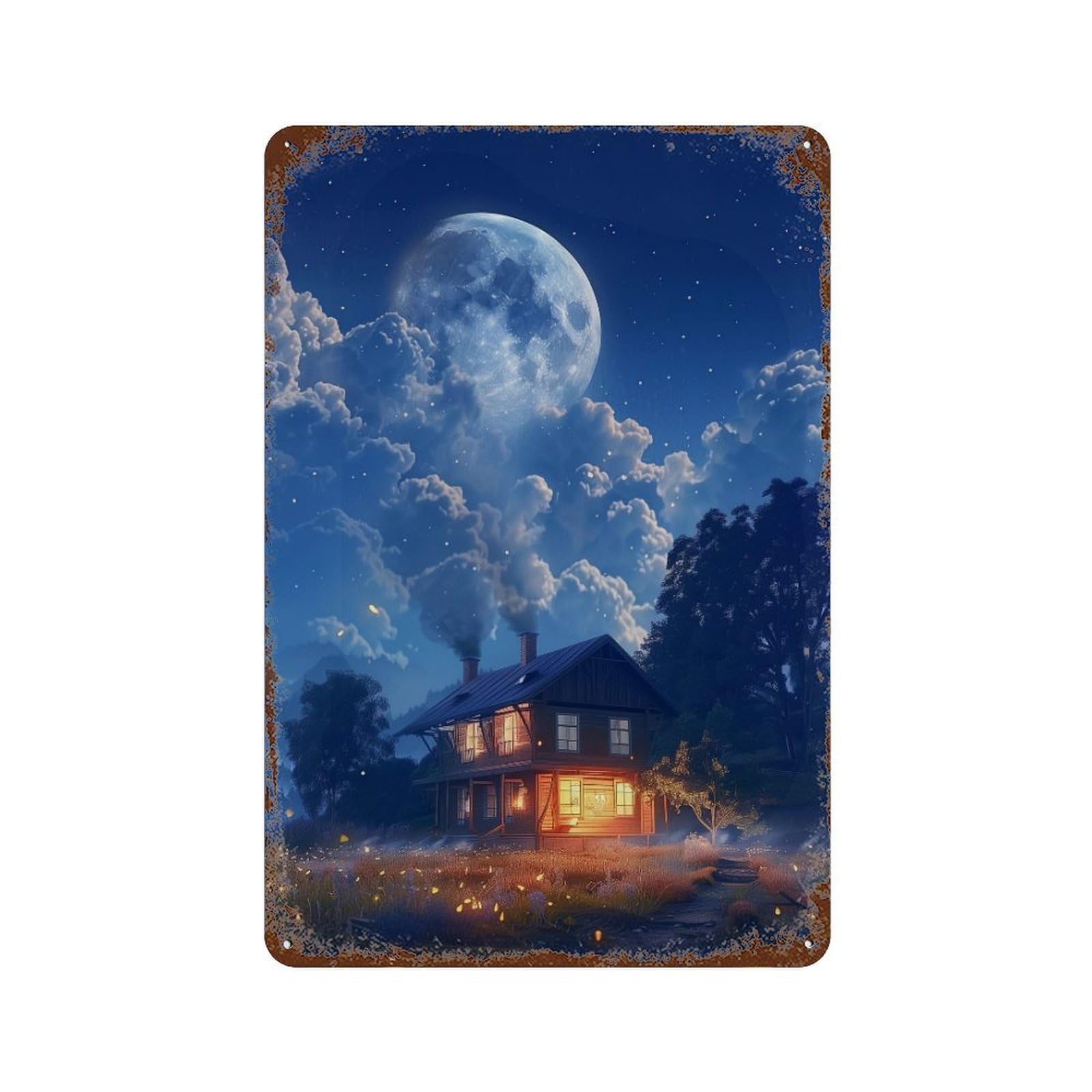 Moonlit Cabin Scene Rusty Metal Tin Sign 11.8"x7.9", for Farmhouse, Kitchen And Entryway Decor, Rustic Home Decor