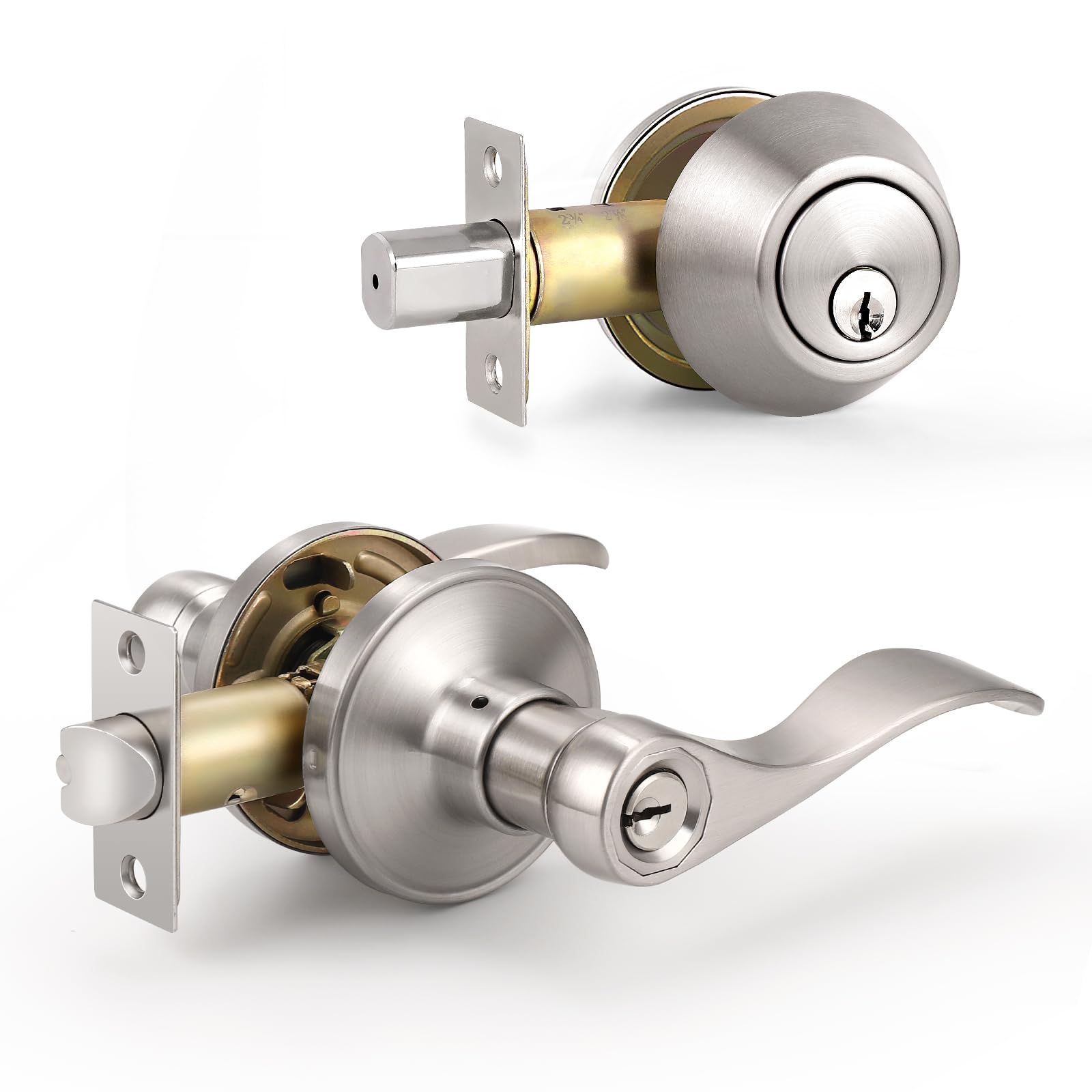(similar)home improvement direct 2 Pack Keyed Alike Entry Door Lock Set, Double Cylinder Deadbolt with Wave Style Lever Door Handle, Satin Nickel Reversible Leverset for Bedroom, Front & Exterior Doors