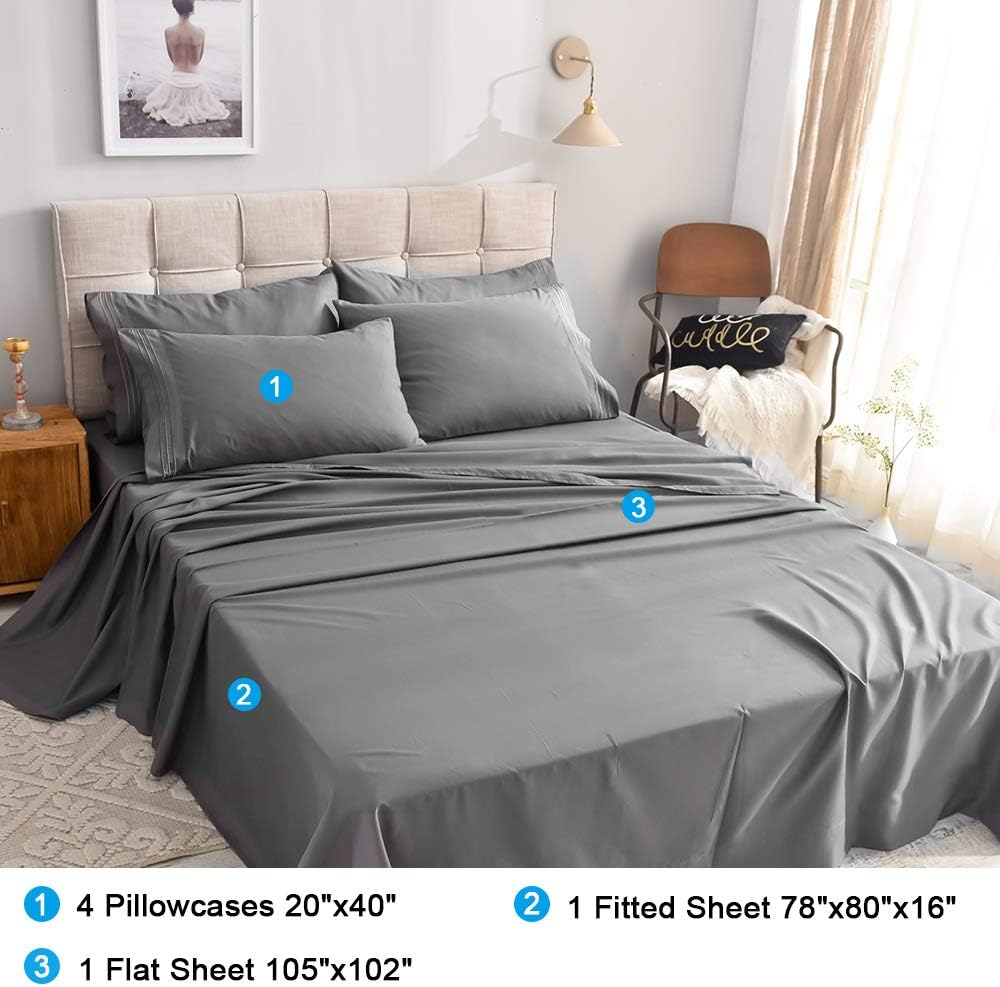 Shilucheng King Size 6-Piece Bed Sheets Set Microfiber 1800 Thread Count Percale 16 Inch Deep Pockets Super Soft and Comforterble Wrinkle Fade and Hypoallergenic(King,Dark Grey)