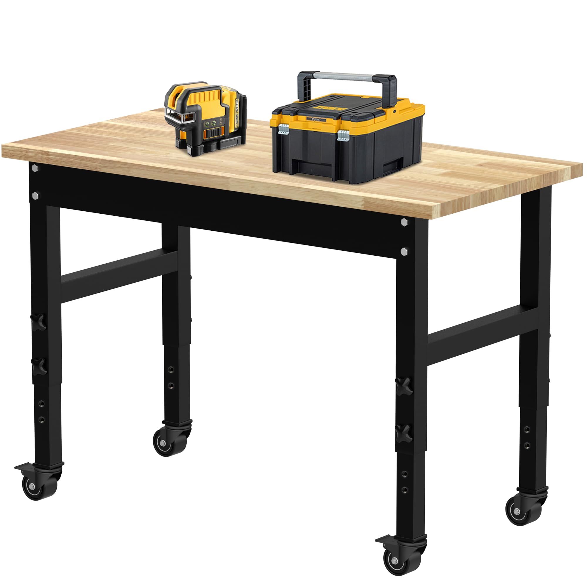 48" Adjustable Workbench, 2000LBS Rolling Heavy Duty Workbenches with Wheels, Rubberwood Countertop for Garage, Office, Workshop