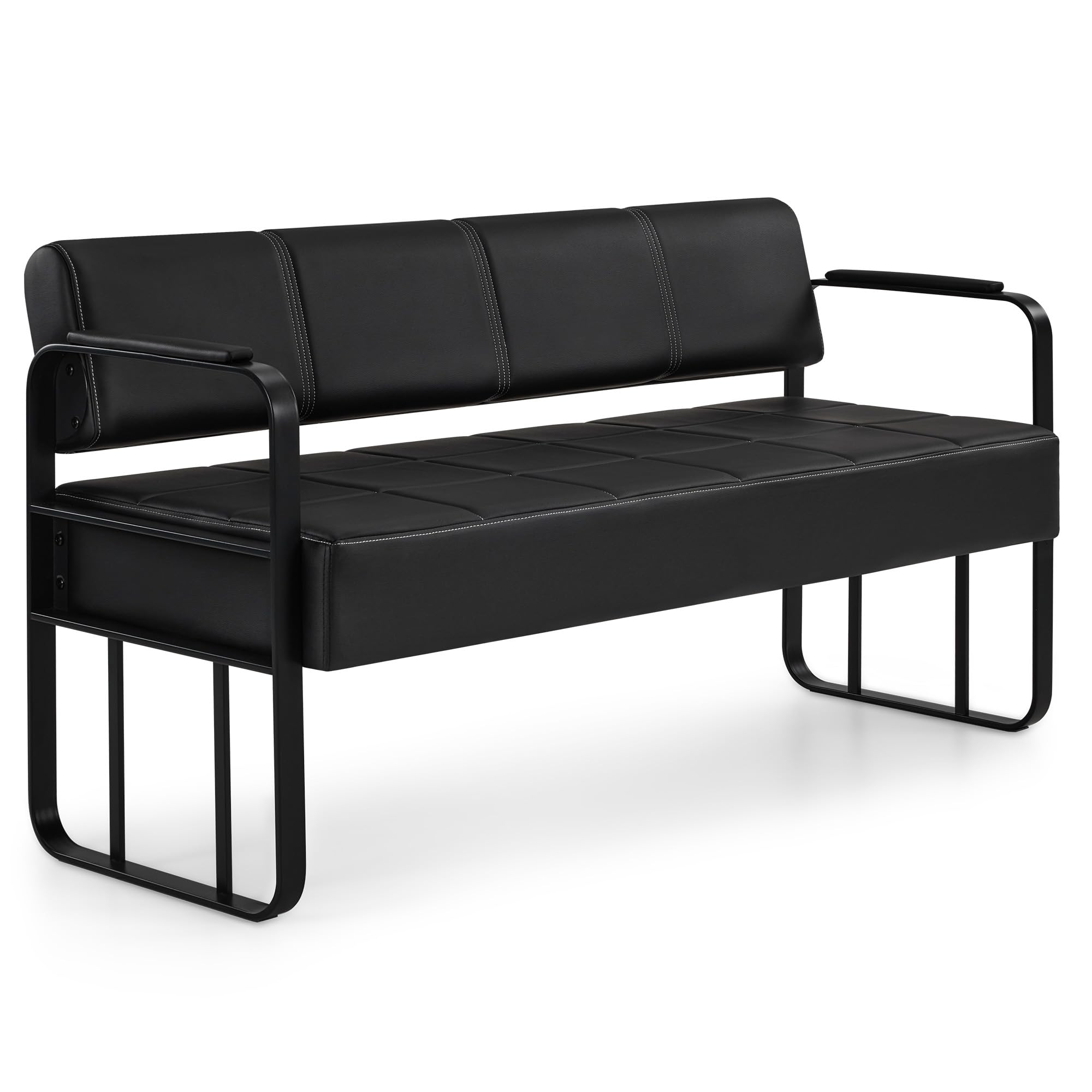 Barberpub Panchina a 3 posti con braccioli nero opaco, panca imbottita con schienale, larghezza seduta 144 cm, panca d'attesa per parrucchiere, panca da soggiorno W528 (Nero/pelle sintetica)