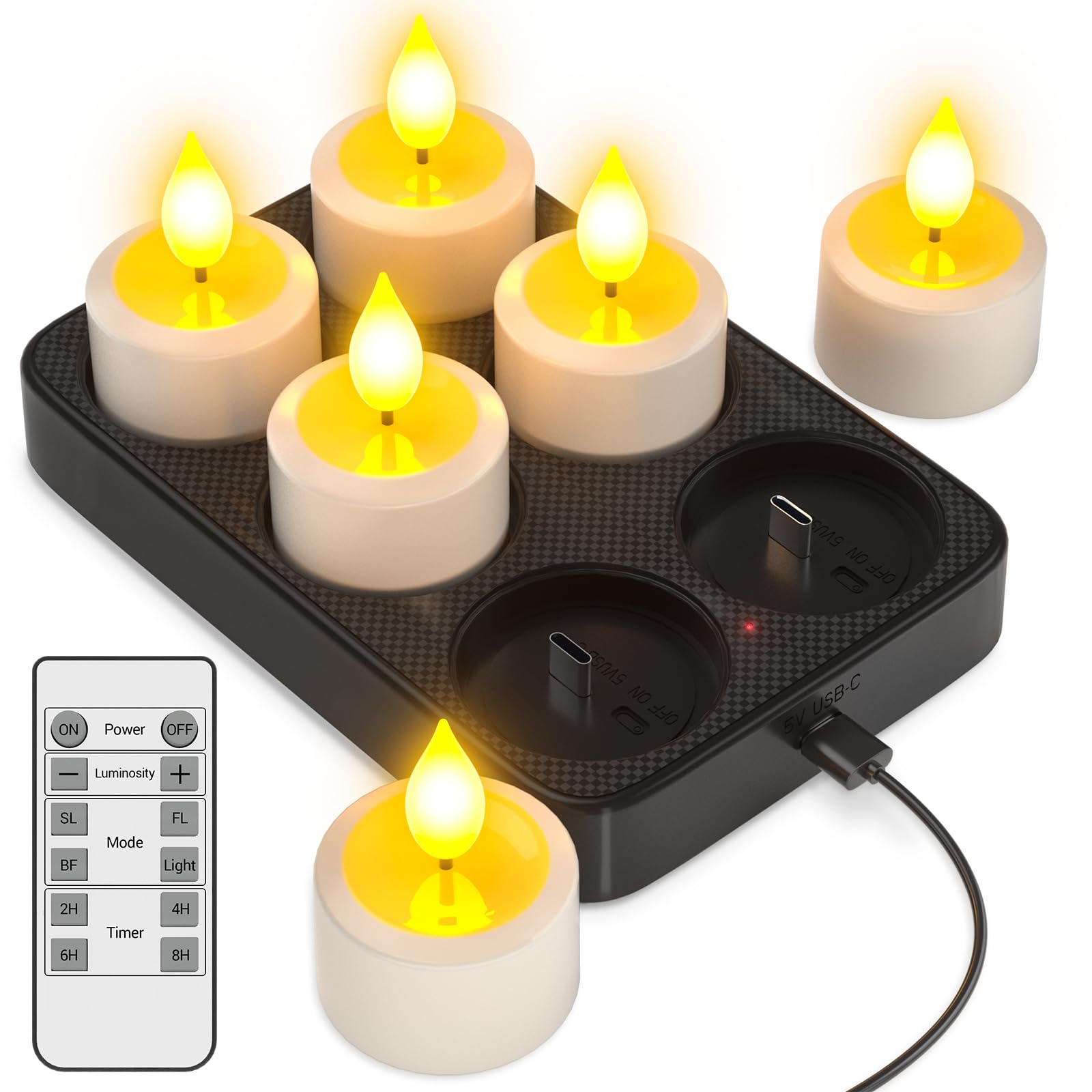 Yme Oplaadbare theelichtjes met timer en laadstation, led-theelichtjes, oplaadbaar, dimbaar, flikkerende kaarsen, met afstandsbediening, timer, voor kamer, woonkamer, Halloween, Kerstmis, tafel