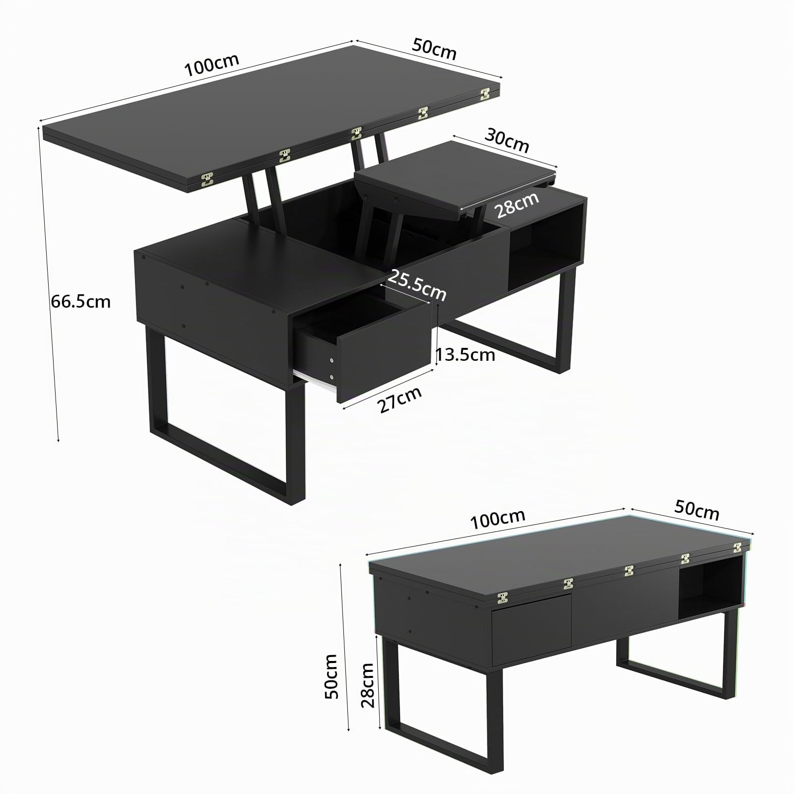 VOWNER Mesa de Centro de Altura Ajustable, Mesa de Salón Multifuncional 3 en 1 con 2 Cajones y Almacenamiento Oculto, se Puede Utilizar como Mesa de Comedor (Negro)