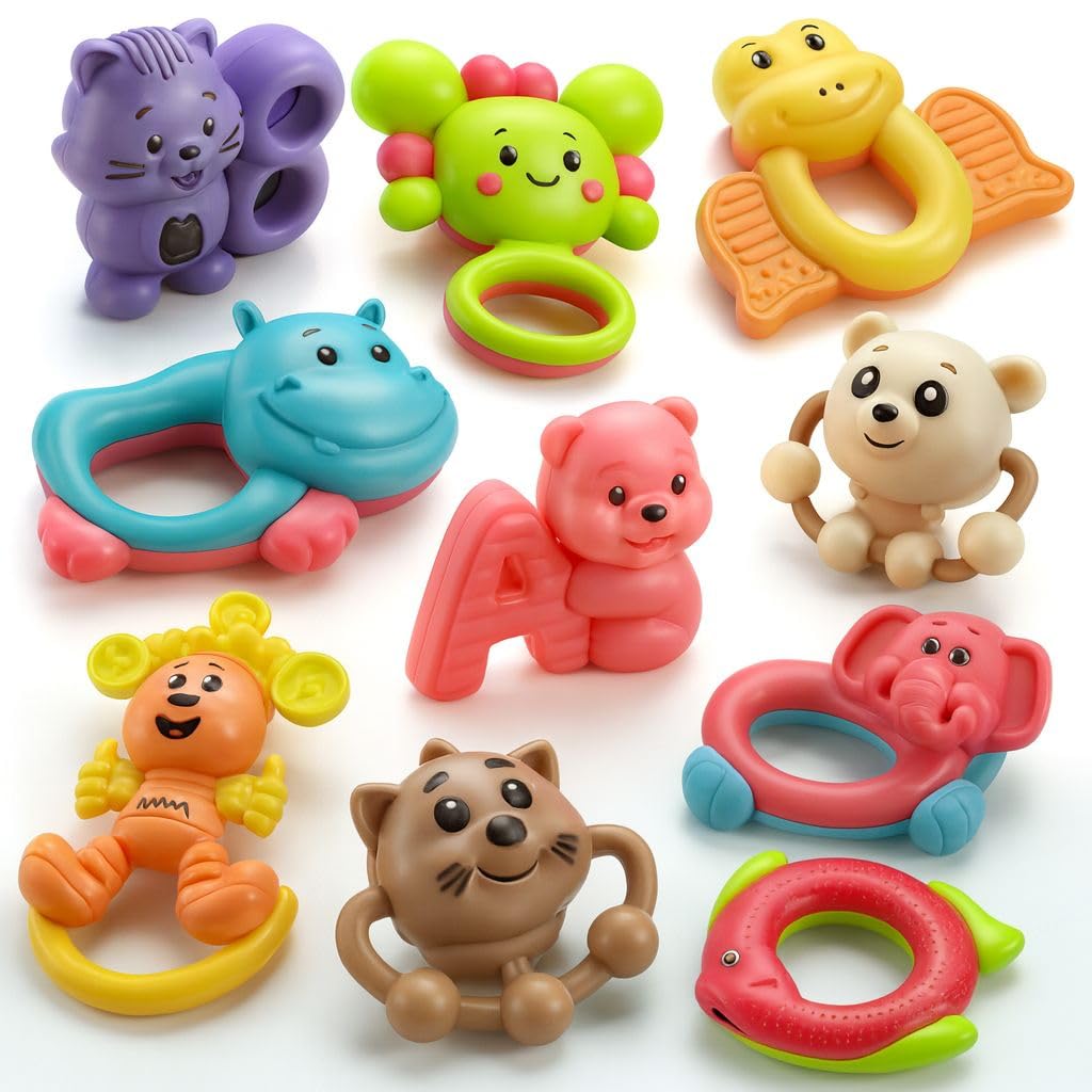 cable world set of 6 premium rattle set, colourful plastic non toxic 6 attractive rattles and teathers for new borns multi color