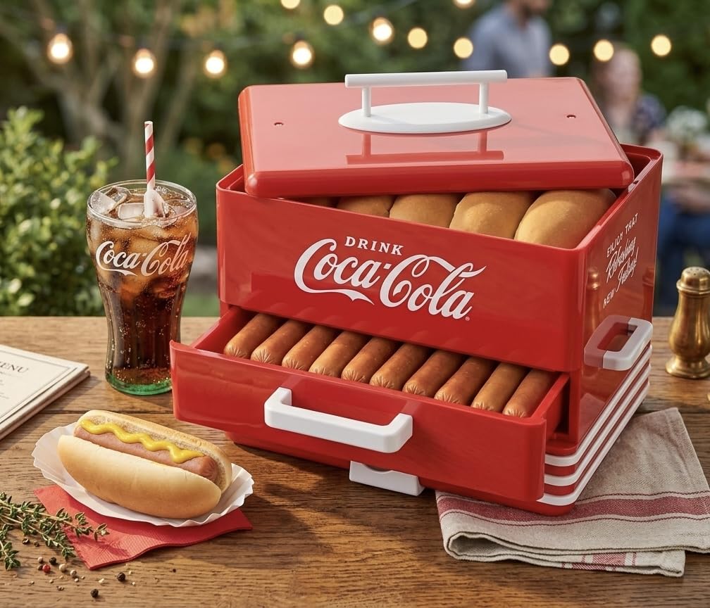 Salco Coca-Cola Hot Dog Maker – Steamer e scalda panini in stile Diner, 24 salsicce hot dog e 12 panini capacità, salsicce, verdure, pesce, gnocchi