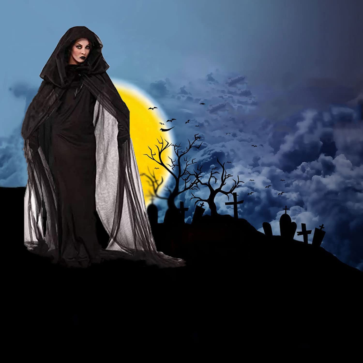 ITODA Halloween Ghost Bride Costume Full Length Corpse Bride Dress Black Gothic Vampire Outfit Zombie Wedding Dress Wicked Witch Cloak Halloween Haunted Ghost Fancy Cape - Image 4