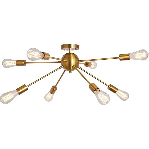 Sputnik Chandelier 8 Lights Semi Flush Mount Ceiling Light Modern Pendant Light Fixture, Brass, Bedroom Dining Room Kitchen Living Room