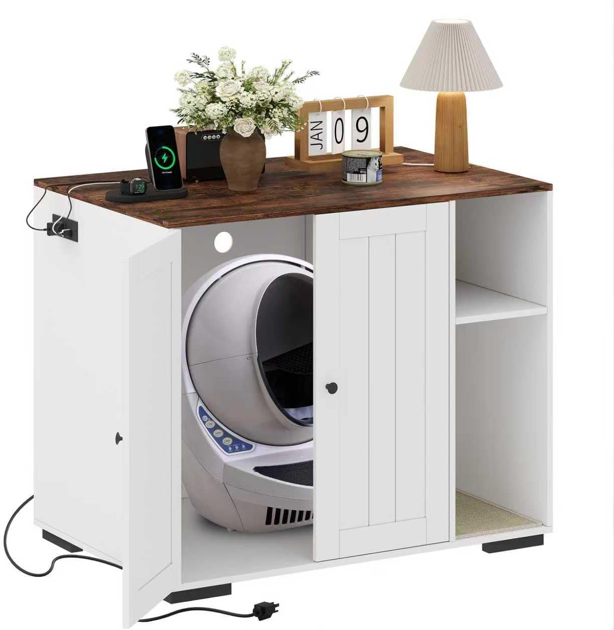 GarveeLife Cat Litter Enclosure Cabinet for Robot 3/4, XL Cat Enclosure Furniture with Built-in Power Outlet, Mat and Dog-Proof Shelf, Fits Most Self-Cleaning Litter Boxes White