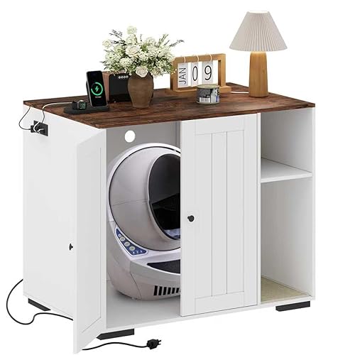 GarveeLife Litter Robot Enclosure Cabinet for Litter Robot 3/4, XL Cat Enclosure Furniture with Built-in Power Outlet, Mat and Dog-Proof Shelf, Fits Most Self-Cleaning Litterboxes White