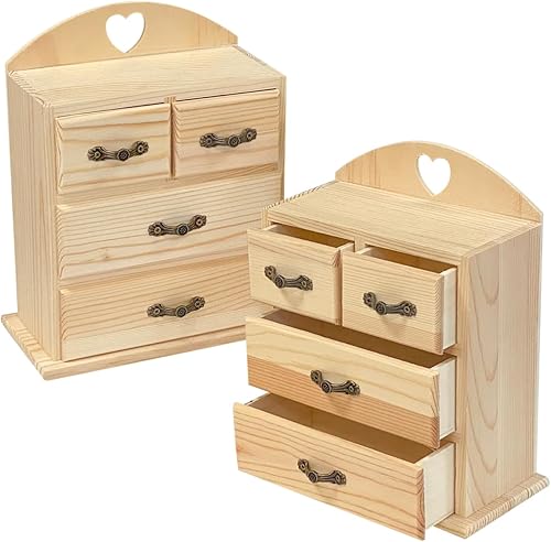 Miniatura 6 de Paquete de 2 cajas de madera sin terminar con mini cajones para joyas, pequeña caja organizadora de madera para manualidades, pasatiempos, proyectos