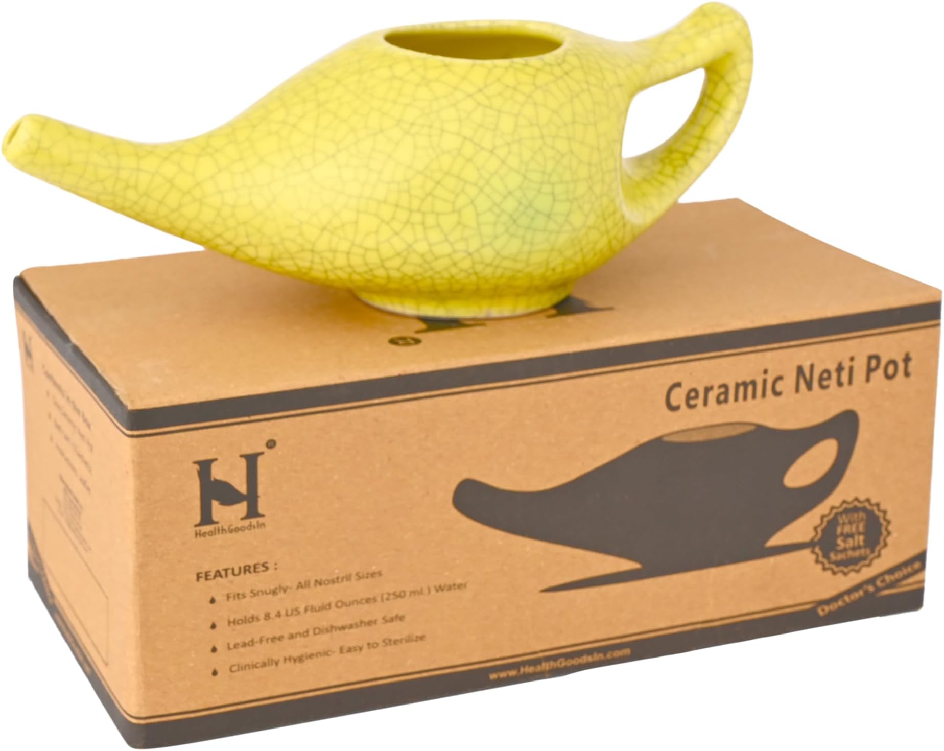 HealthGoodsIn Ceramic Neti Pot for Nasal Cleansing, Dishwasher Friendly, Holds 225 Ml Water - Crackle Pattern Yellow