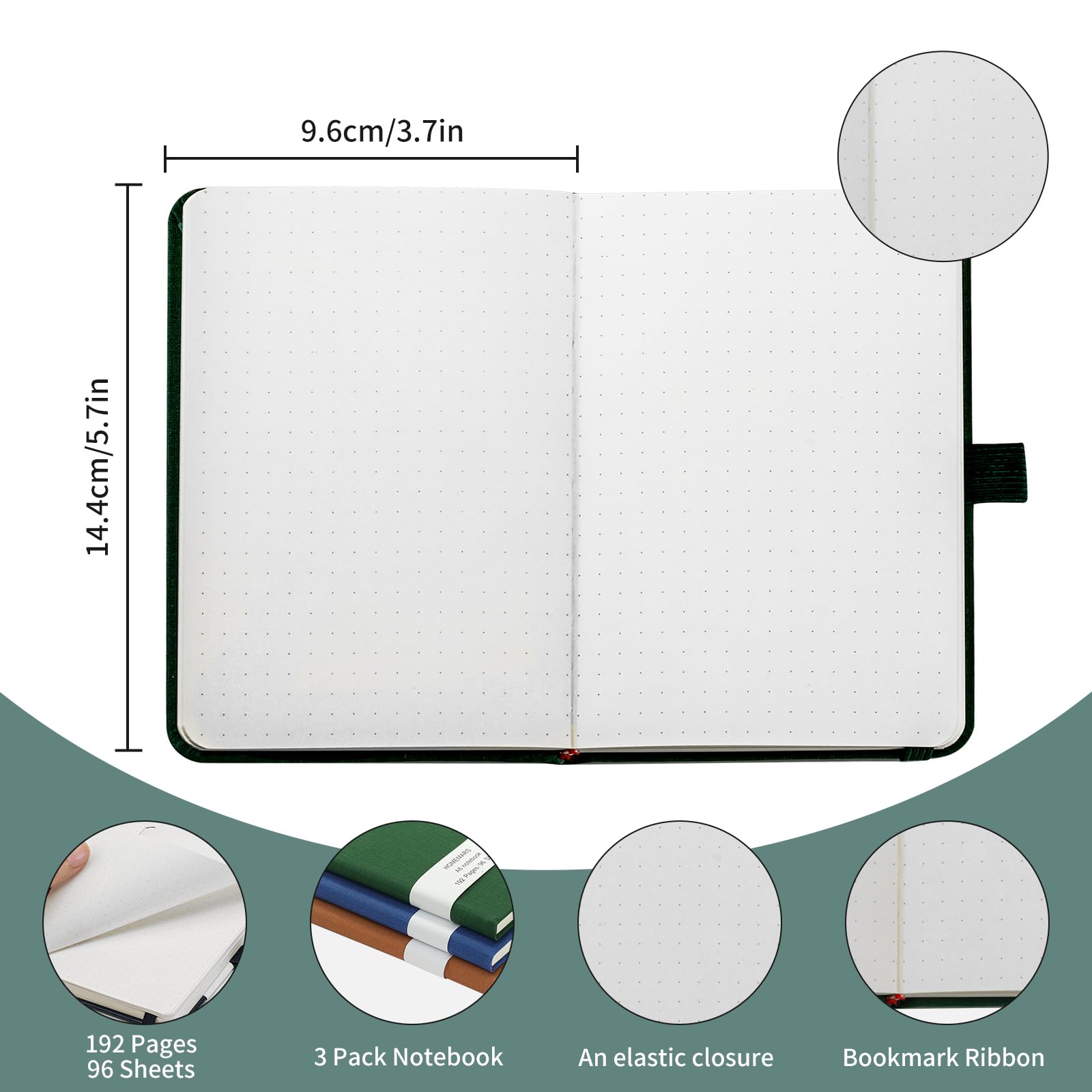 HOMEMARS Notatniki A6, Zielony Niebieski Brązowy, Notebook, Notatnik z kropkami Bullet Journal, mały notatnik 14,4 cm x 9,6 cm, notatnik kieszonkowy, dziennik podróżny, opakowanie 3 szt