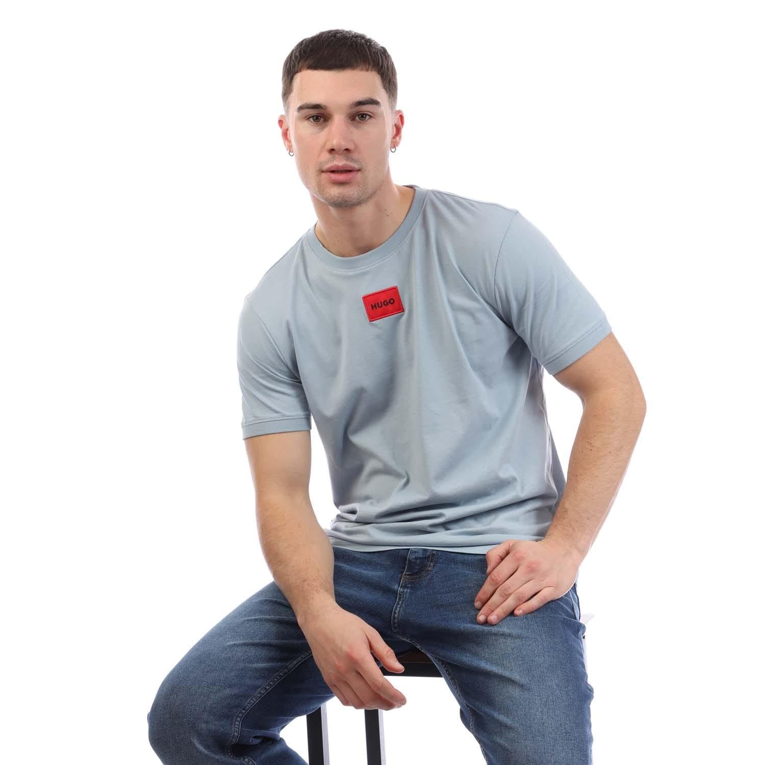 T-shirt bawełniany męski z aplikacją koloru turkusowego HUGO