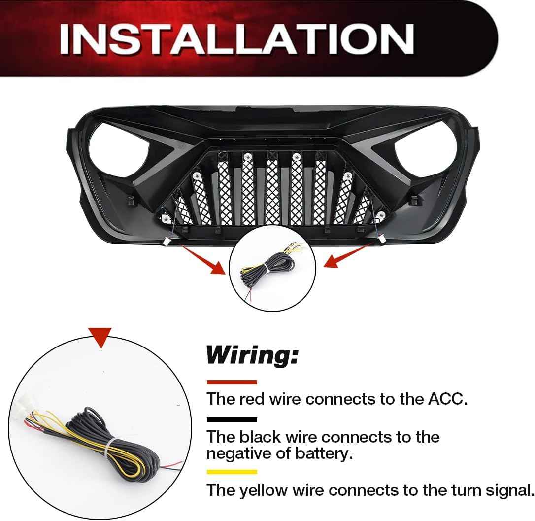 EOMD Front Grill Goliath Grille w/DRL Turn Signal LightS Compatible With 2018-2025 Jeep Wrangler JL & 2020-2025 Gladiator JT, Matte Black