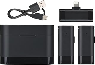 HUIOP Microfone de encaixe sem fio Receptor de microfone sem fio e 2 transmissores com caixa de carregamento para iOS Microfone recarregável para telefone celular Pára-brisas para entrevista Show ao v