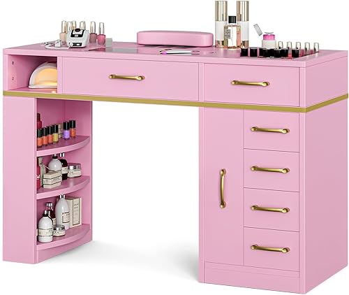 Estación de manicura para uñas para tecnología de uñas, mesa de uñas con parte superior de vidrio con colector de polvo eléctrico, 7 cajones y