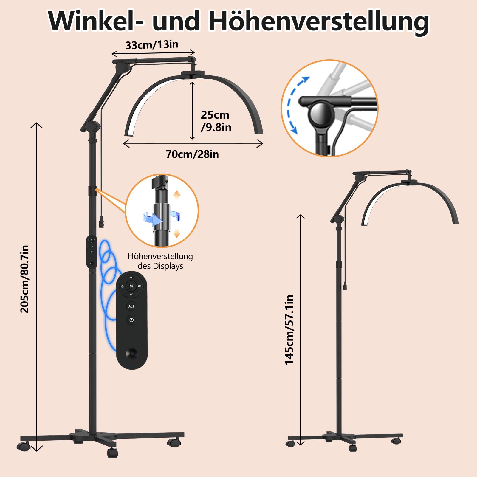 Halbmond Lampe Kosmetiklampe, 28Inch Wimpern Lampe for Wimpernverlängerung, Tattoo, Beauty, Nägel, Faltbare LED Stehlampe mit Rädern, Telefonhalter, Einstellbarer Helligkeit und Höhe