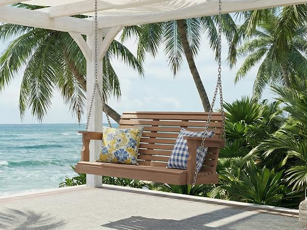 Image of Psilvam HDPE 2-Seat Porch Swing, 660 LBS Hanging Swing Chair Outdoor, Teak