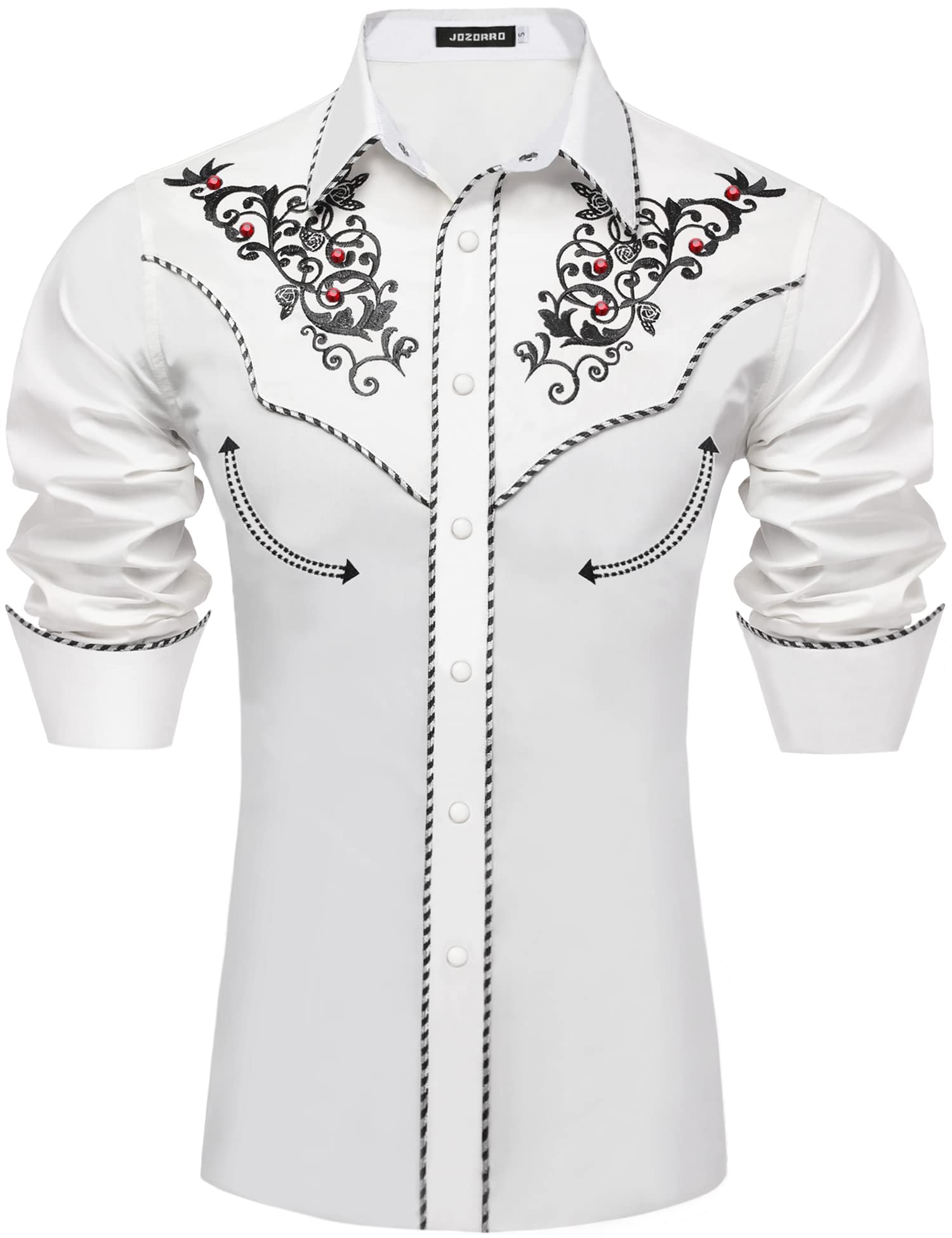 JoZorro Men's Long Sleeve Pearl Snap Shirt Rhinestone Cowboy Cut Western Embroidered Casual Button Down Shirt