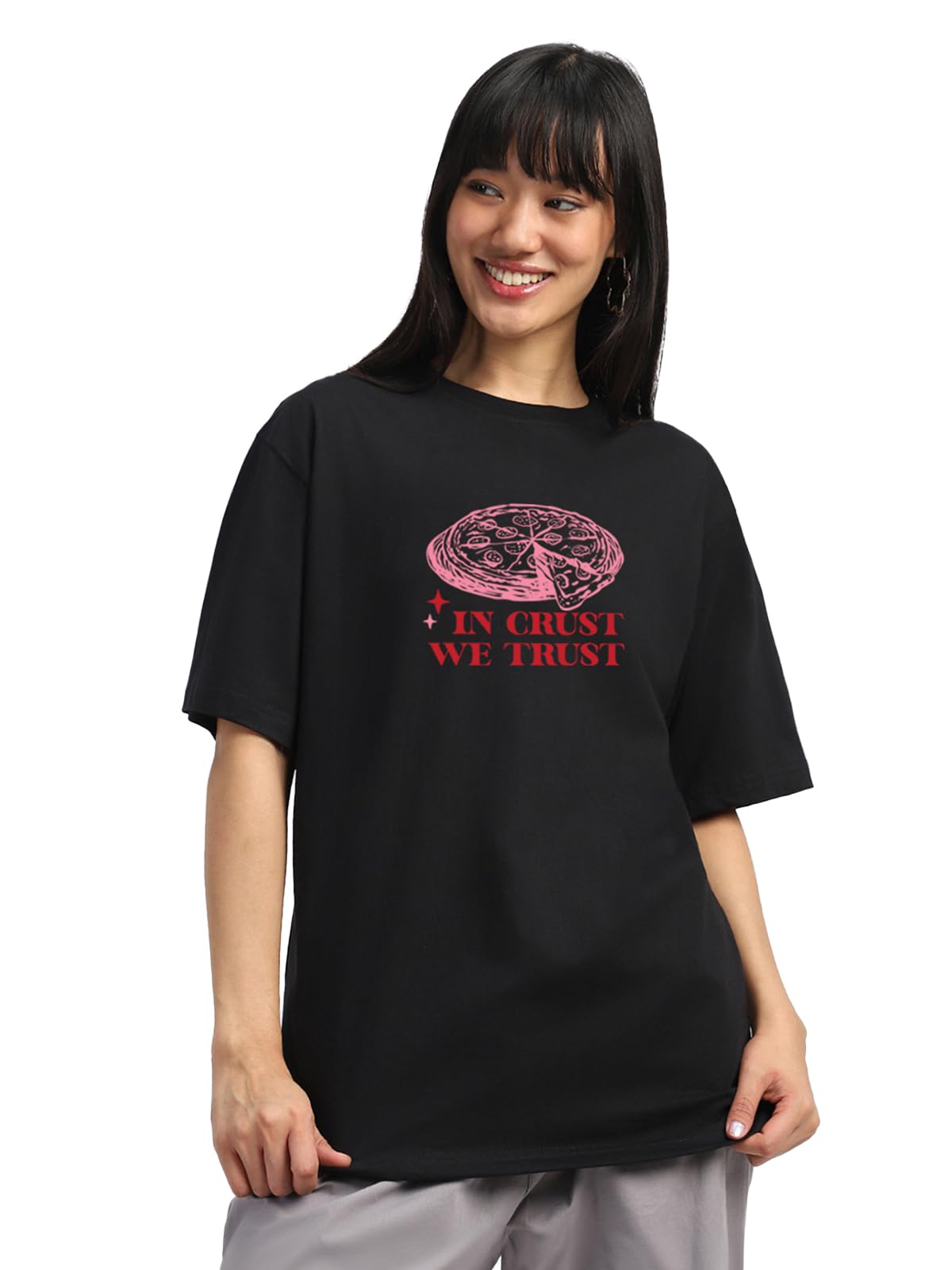juneberry 100% Pure Cotton Oversized Baggy Fit Front & Back Slice Society Graphic Printed Black & White Round Neck T-Shirt for Women & Girls (Sizes: S to 2XL)-picture-44