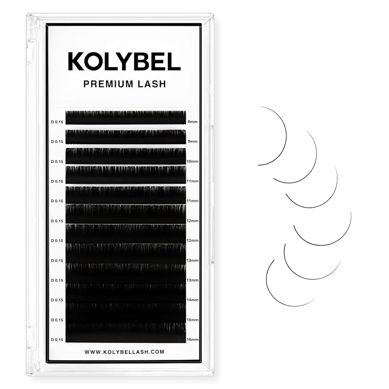 Extensões de Cílios Clássicas KOLYBEL 0.15-D-10mm em PBT Preto Fosco, Curvatura D, Bandeja com 12 Fileiras