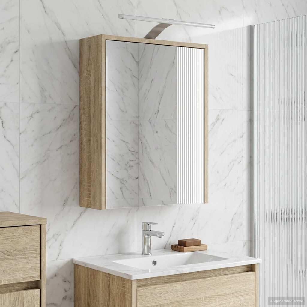 Szafka łazienkowa z lustrem Sonoma z drzwiami 43 x 16 x 62,5 cm, materiał drewnopochodny, wisząca na ścianie, z miejscem do przechowywania, oświetleniem LED, regulowanymi półkami i