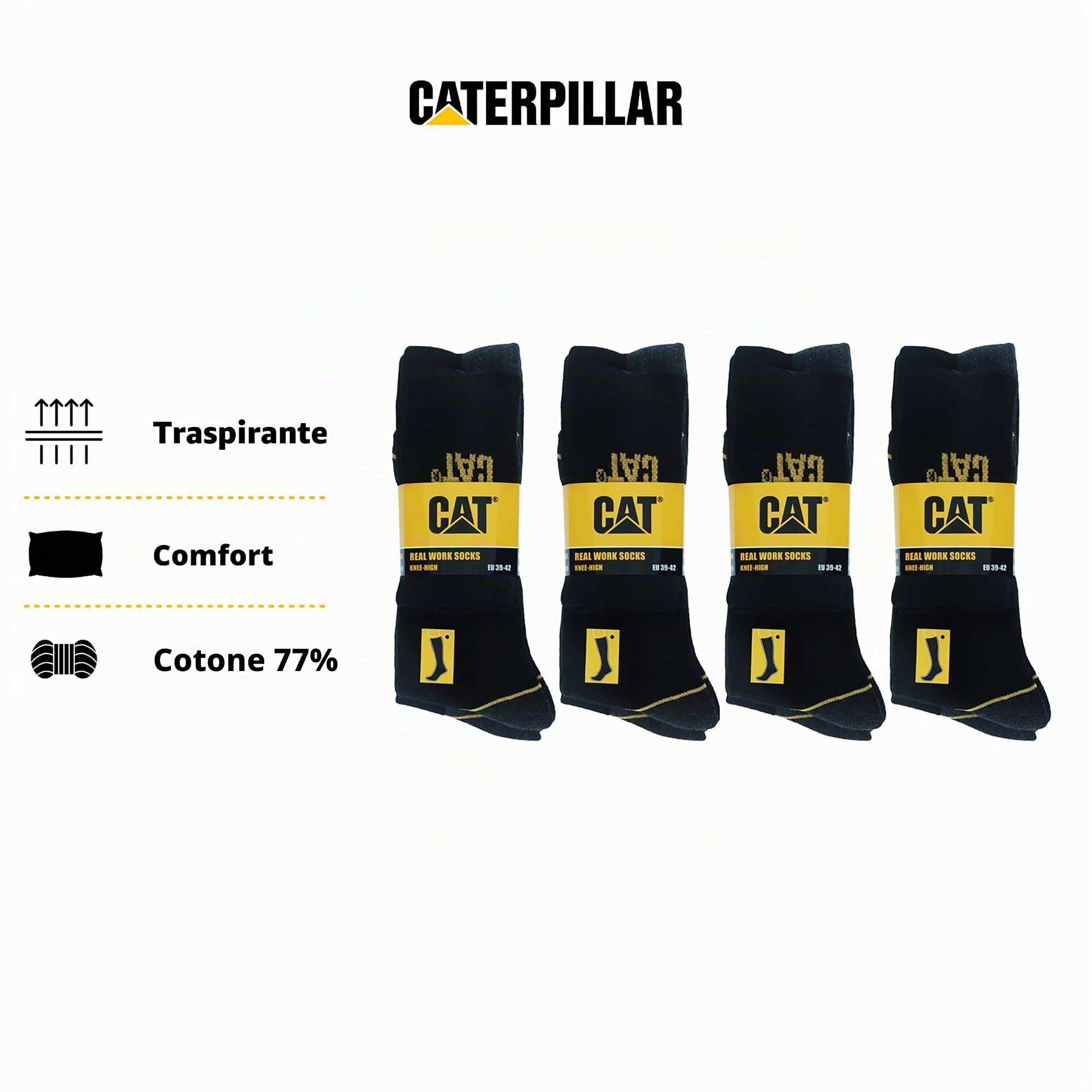 CAT Caterpillar 4 Paia Calze Lunghe da Lavoro Uomo per Scarpe Antinfortunistica - Rinforzate su Tallone e Punta - Filati di Ottima Qualità Spugna di Cotone