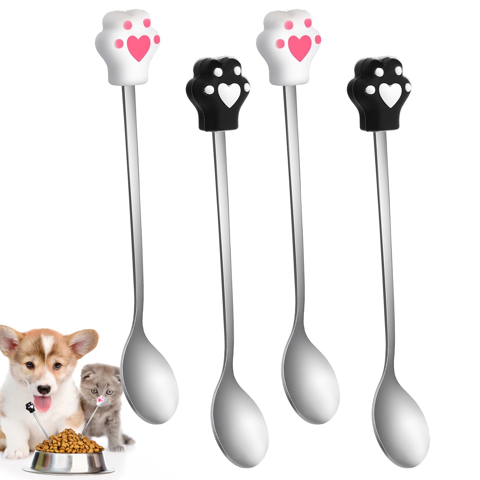 4pcs Cat Spoons for Wet Food,5.9 In Long Handle Pet Food Scoop,Stainless Steel Cat Foods Spoons,Cute Silicone Cats Claw Mixing Spoon for Pet Can,Black & White