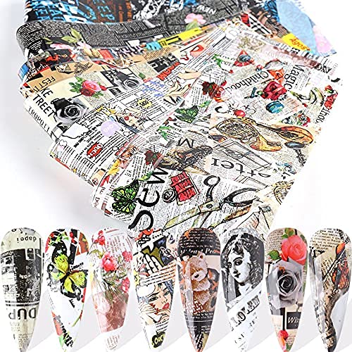 CHANGAR 10 Blatt Nagelfolie Aufkleber Zeitung Magazin Stil Folie Transfer Nagel Abziehbilder Nagelfolie Kleber Aufkleber Sternenhimmel Maniküre Transfer Tipps Nail Art DIY Dekoration Cover