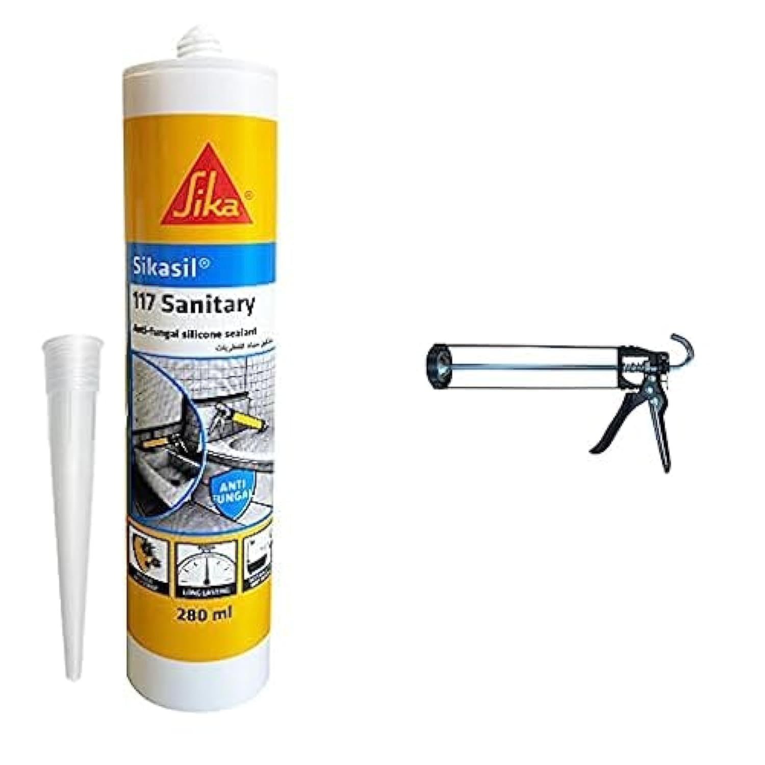 SIKA Sanitary Silicone Kit Transparent : Anti-fungal Silicone Sealant, sil 117 Sanitary, 280ml, Transparent and application gun