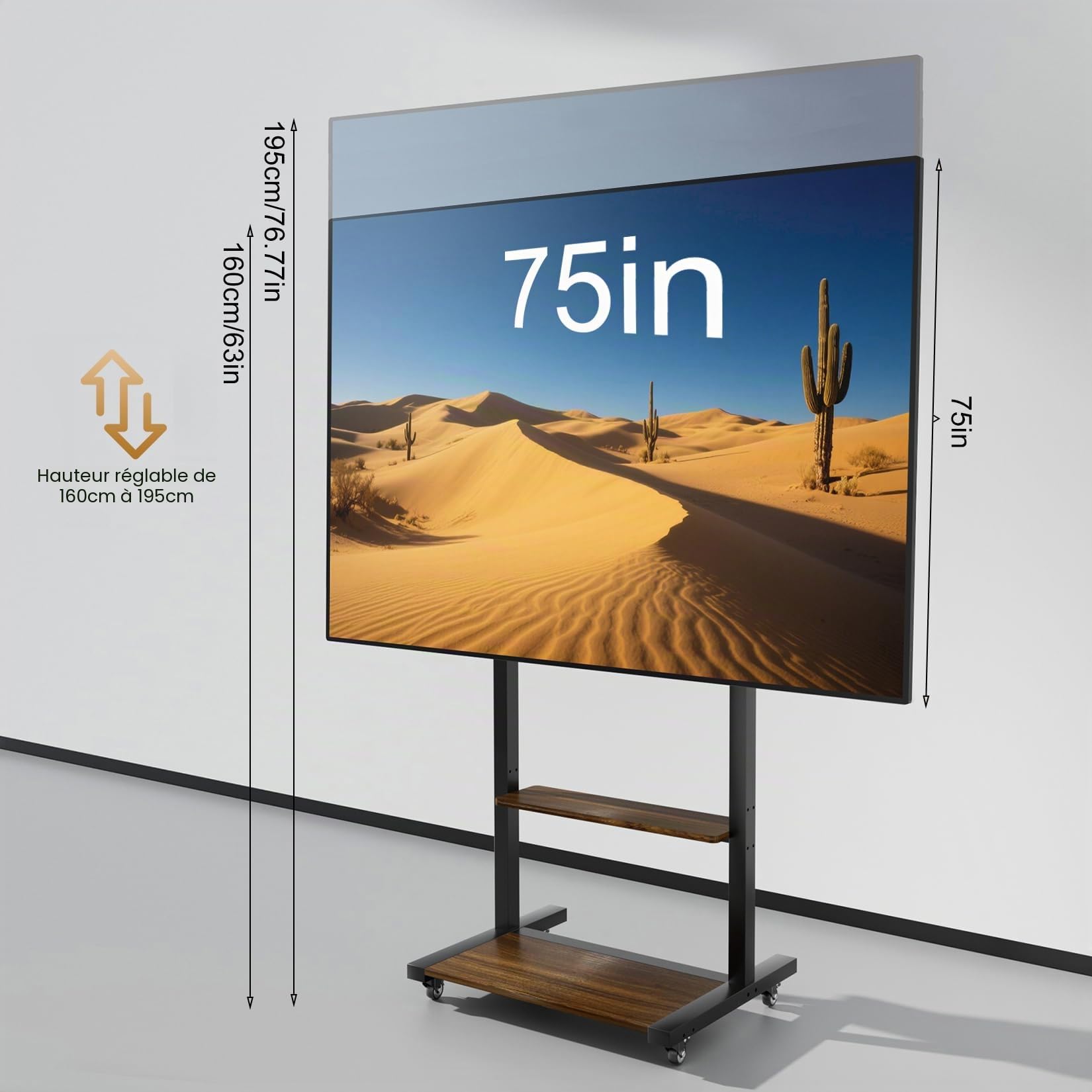 Support TV sur Pied avec roulettes: Meuble de Télévision de 40 à 100 Pouces pour Télé Écran LED OLED LCF Jusqu'à 50kg Support Télévisateur Hauteur Réglable160-195cm Max VESA 800x600mm