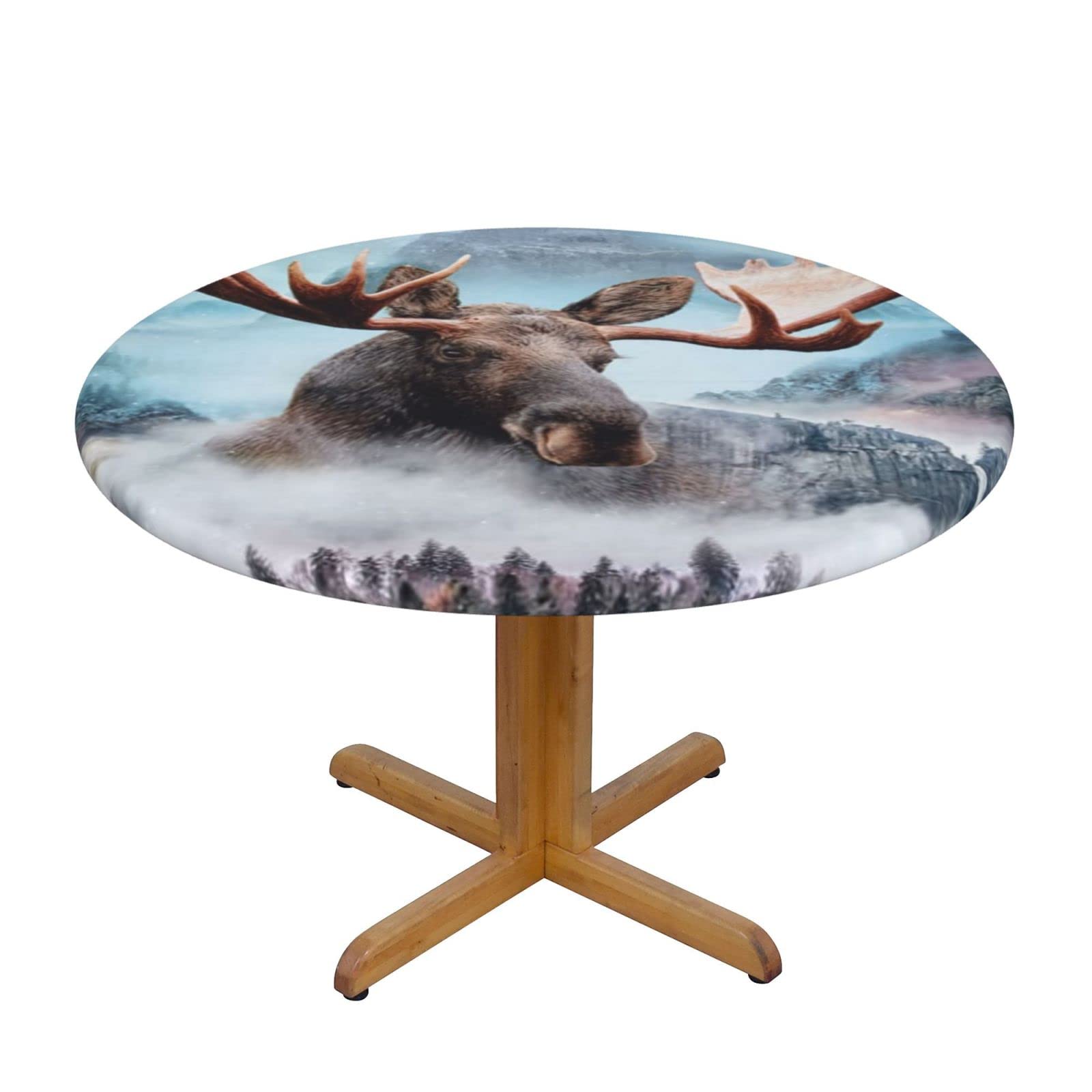 Lsjuee Round Fitted Tablecloth 45-50in Elastic Edged Table Cloth for Kitchen Dining Party Home Decor - Abstract Elk Nature Animal