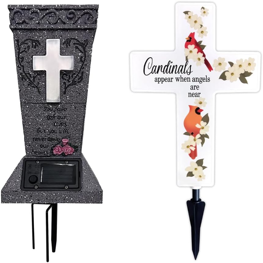 Solar Cemetery Vase with Solar Cross Cardinal Light Headstones Vases Garden Cross Marker Remembrance Gift for Outdoor Yard Patio