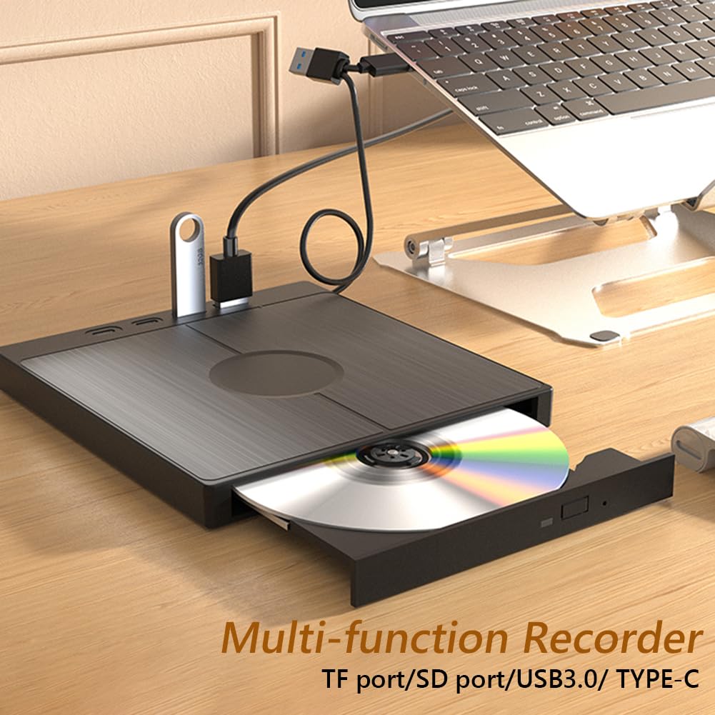 Unidad de CD/DVD Externa portátil con Doble USB/Tipo C, Ranuras SD/TF, Transferencia de Datos de Alta Velocidad para PC