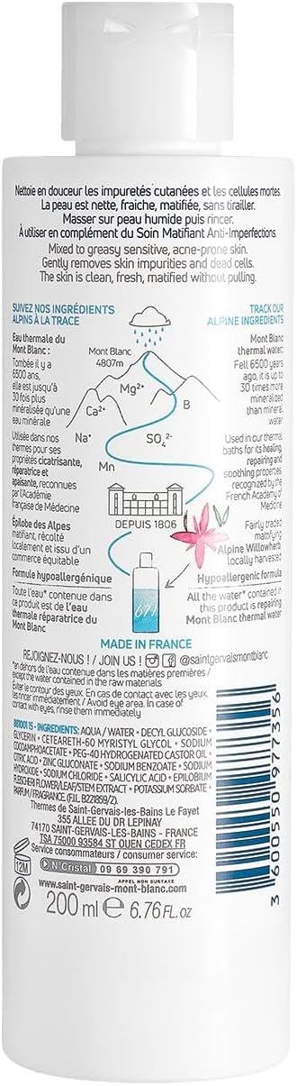 Saint Gervais Mont Blanc Gel Nettoyant Purifiant 200ML, Nettoyant Purifiant pour Peaux Mixtes à Grasses à l’Eau Thermale, Zinc et Acide Salicylique