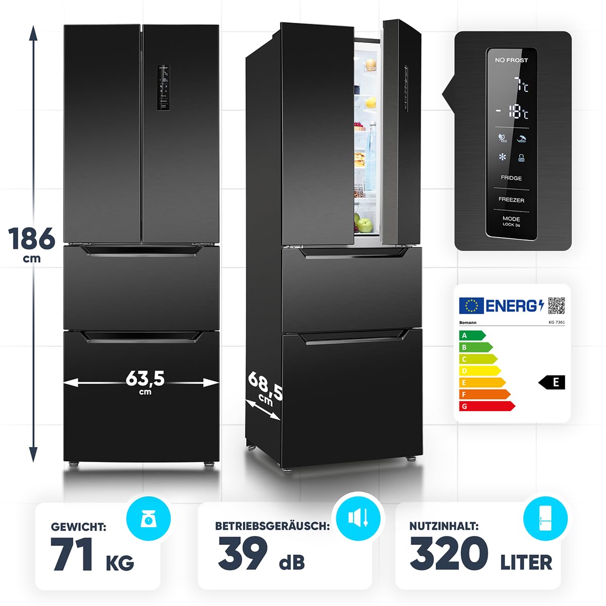 Bomann Réfrigérateur et Congélateur 320L KG7361-Noir, Système MultiAirflow, Totalement Sans Givre, Éclairage LED, 4 Étagères en Verre, Mode Économie d'Énergie, 39 dB