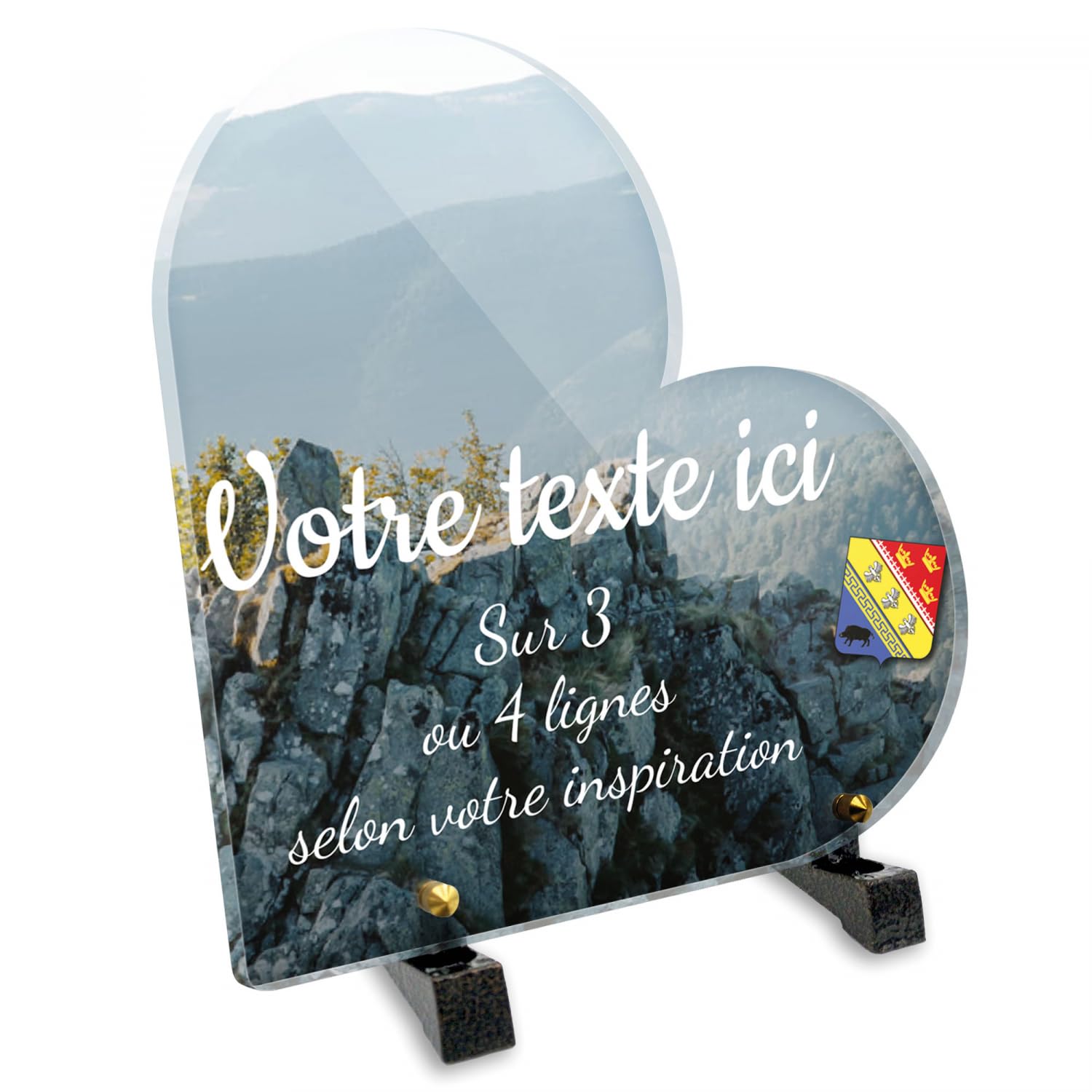 Placa funeraria Corazón personalizable en plexi con diseño regional Grand Est Montaña, varios tamaños, grosor 6mm, personalizado en varias líneas 20x20 cm
