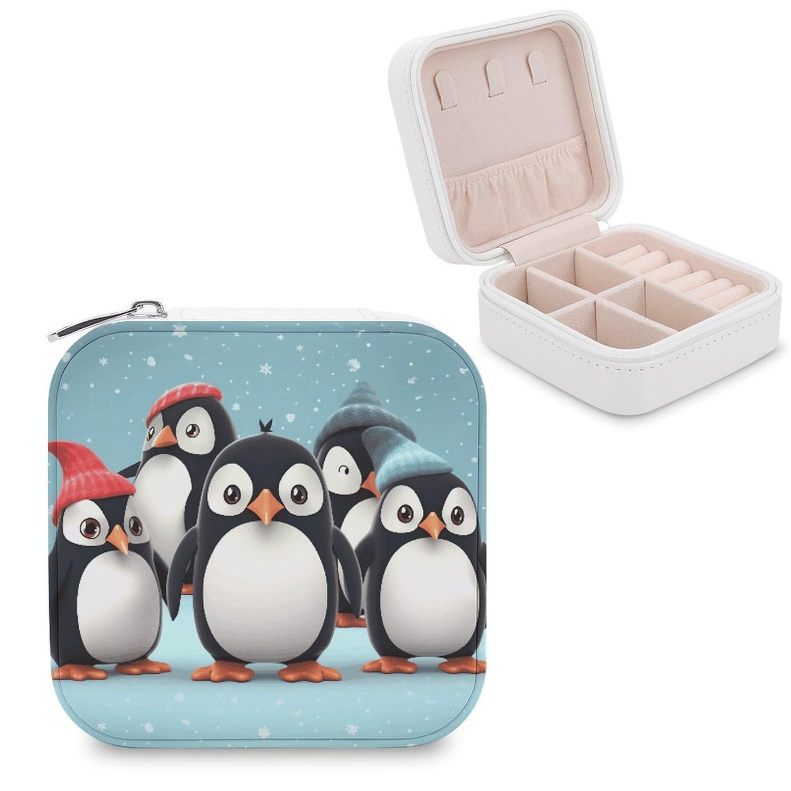 FekiLoot Cute Penguins Jewelry Box Custom Jewelry Travel Case Pu Leather Trinket Organizer Box to Organize Ring Pendant Earring Small Portable Jewelry Storage Holder for Women